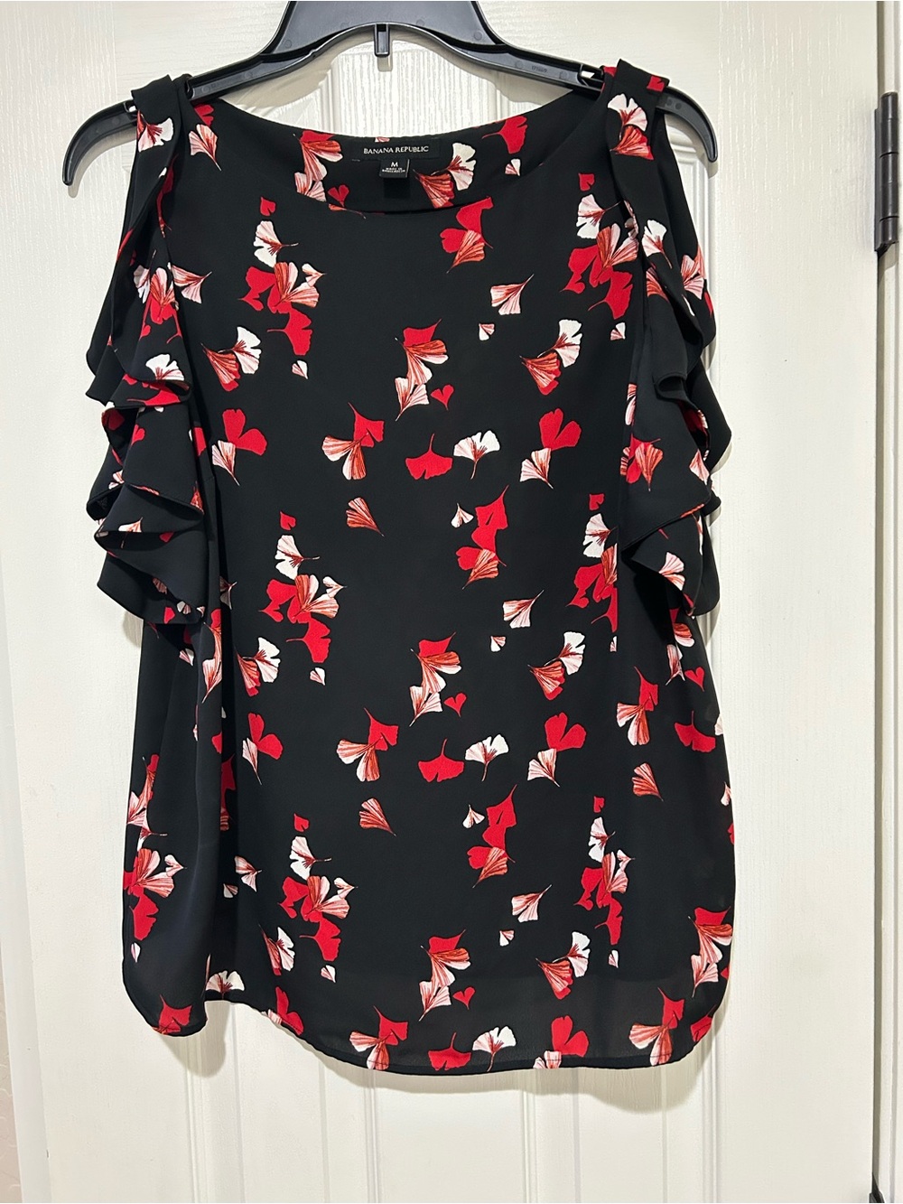 Banana Republic Black Flutter Sleeve Blouse Top with Red & White Floral Print